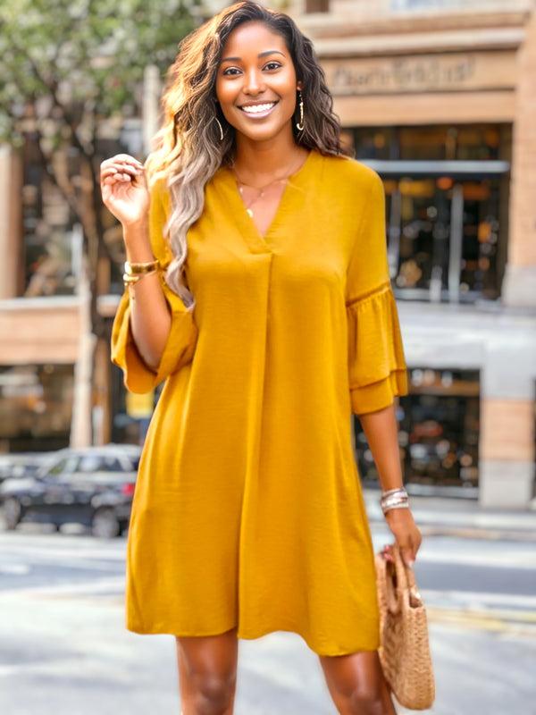 anna kaci Pleated V Neck Straight Dress