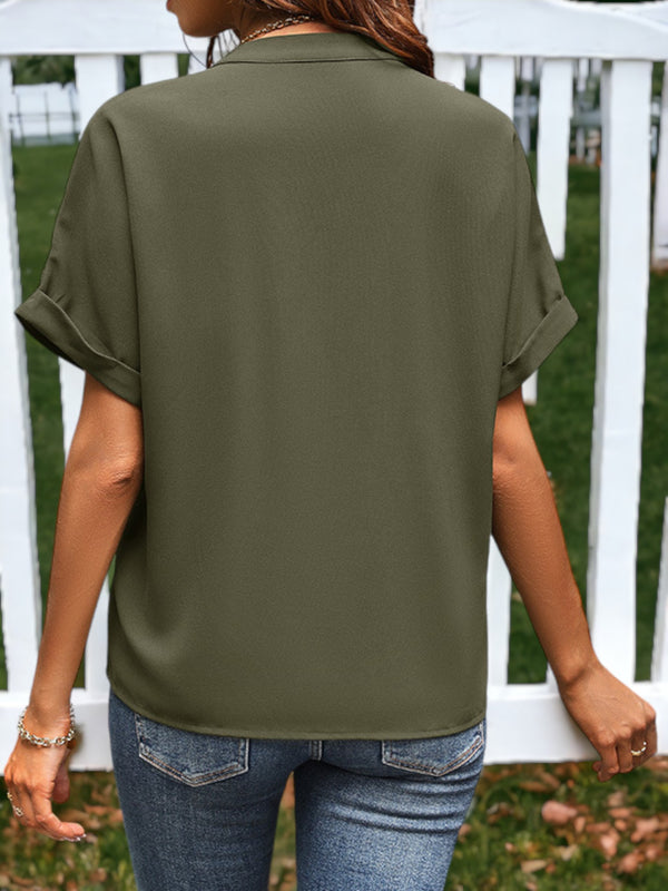 Anna Kaci Pocketed Notched Short Sleeve Blouse