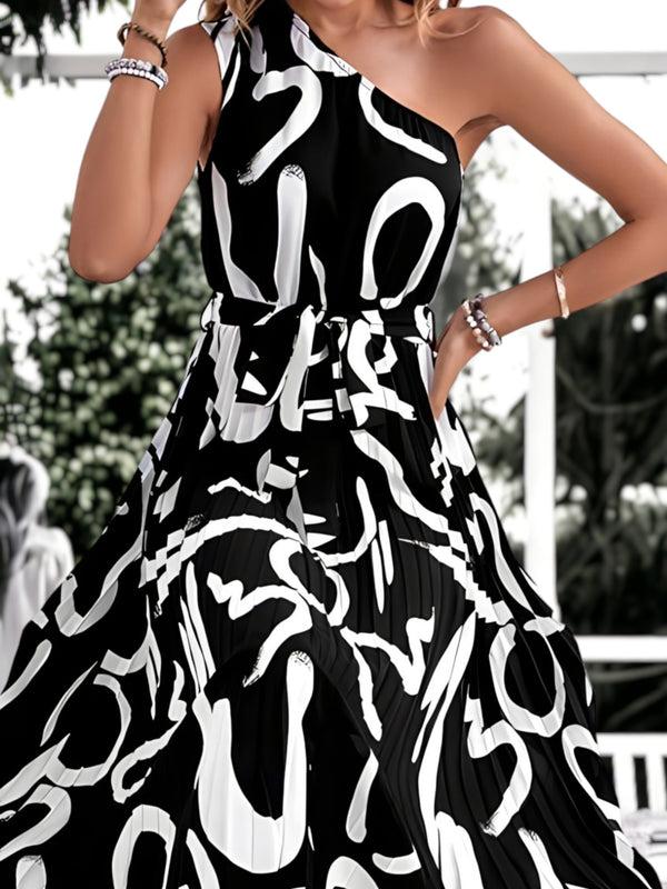 Anna Kaci Printed One Shoulder Waist Tie Dress
