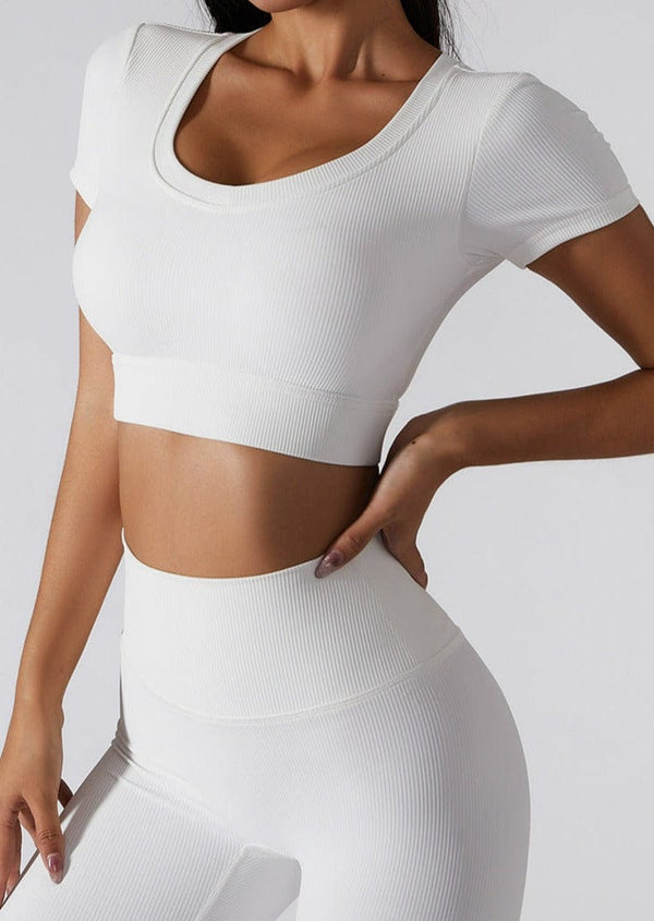 anna kaci Ribbed Scoop Cropped Cap Sleeve Tee Top