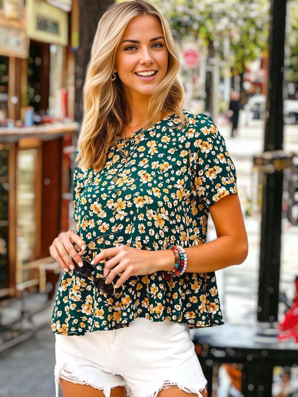Anna Kaci Round Neck Floral Peplum Top