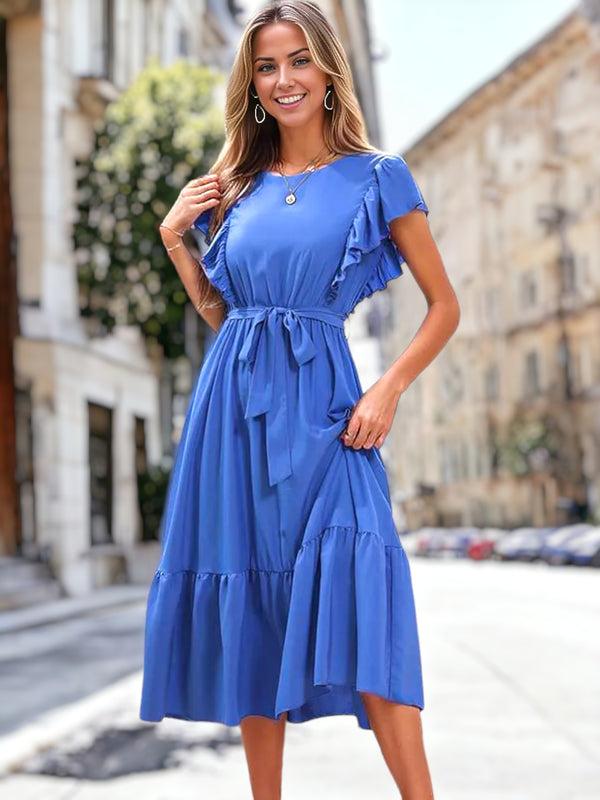 Anna Kaci Round Neck Ruffle Sleeve Midi Dress