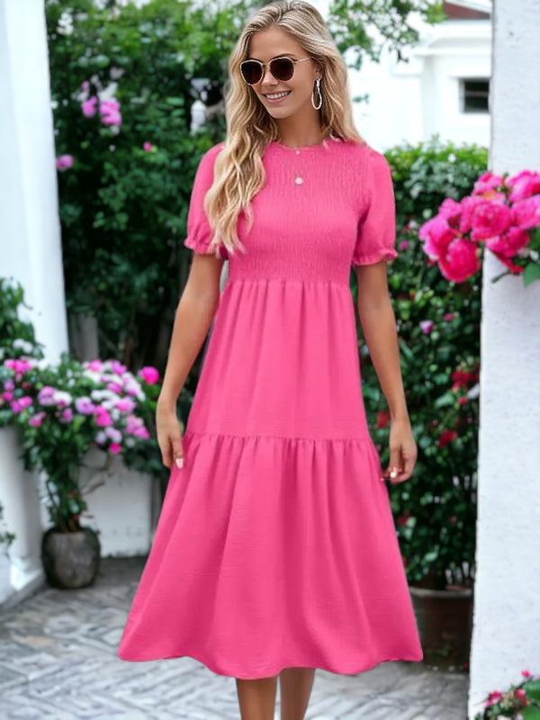 Anna Kaci Round Neck Smocked Short-Sleeved Dress