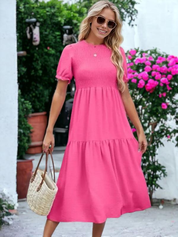 Anna Kaci Round Neck Smocked Short-Sleeved Dress