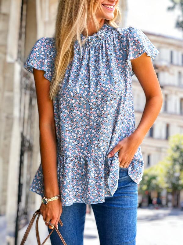 Anna Kaci Ruffle Neck Floral Ruffle Blouse
