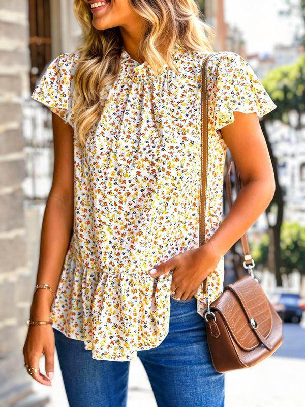Anna Kaci Ruffle Neck Floral Ruffle Blouse