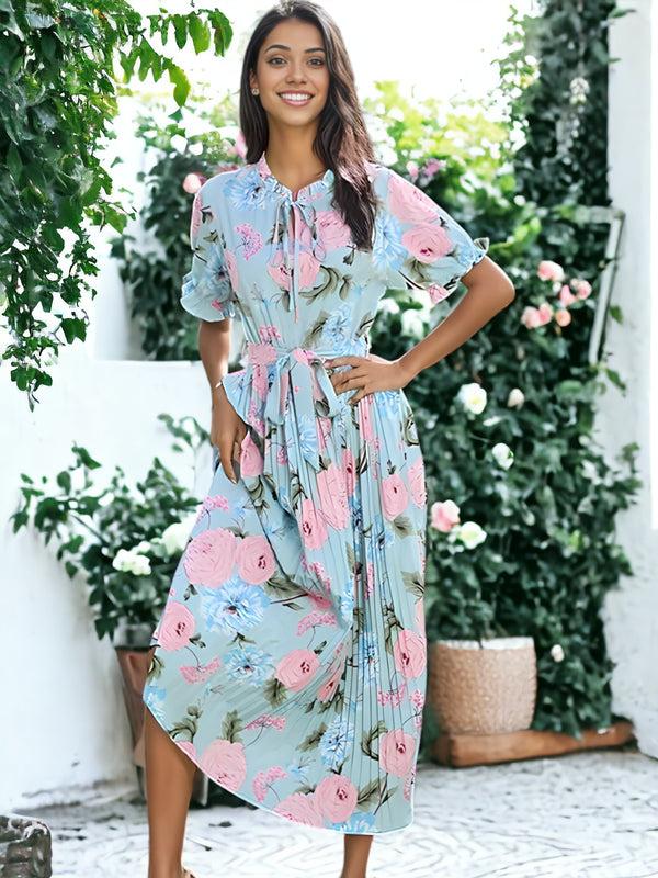 Anna Kaci Ruffle Neck Pleated Dress