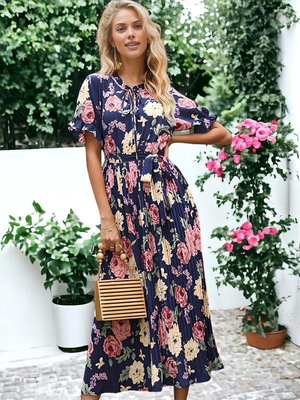 Anna Kaci Ruffle Neck Pleated Dress