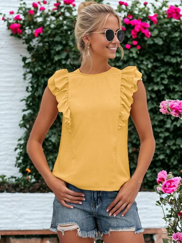 Anna Kaci Ruffle Sleeveless Tied Open Back Blouse