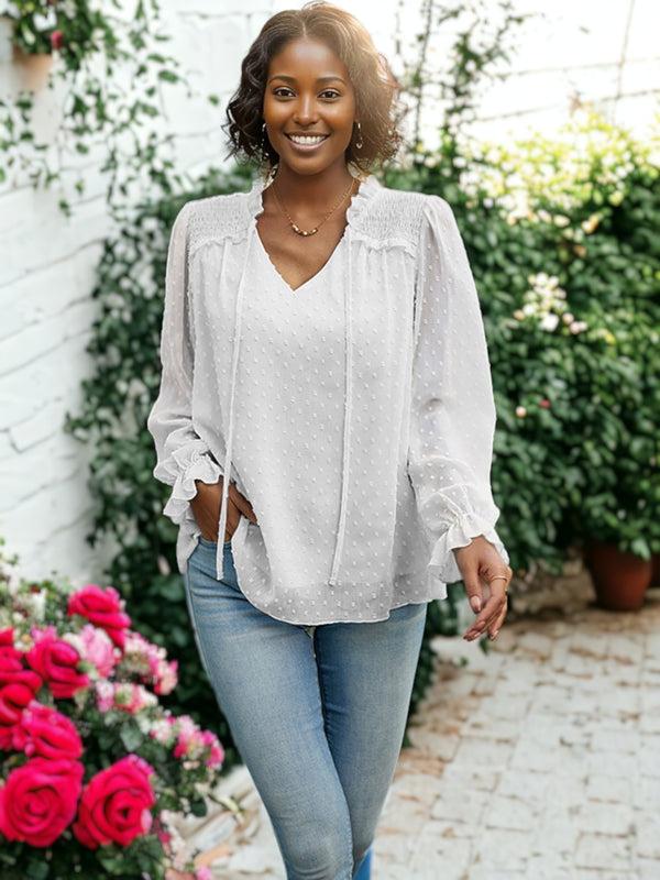 Anna Kaci Ruffle Tie Neck Swiss Dot Blouse