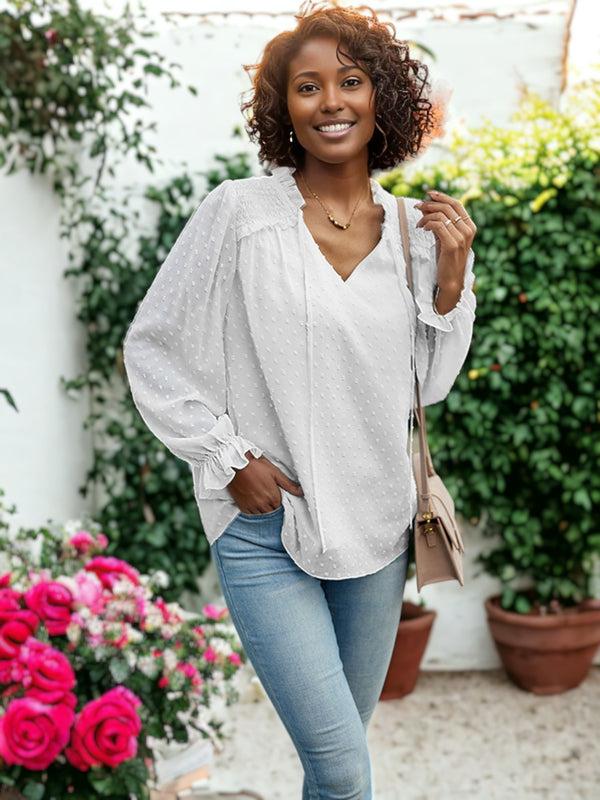 Anna Kaci Ruffle Tie Neck Swiss Dot Blouse