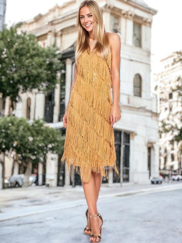 Anna Kaci Sequin Fringe Party Midi Dress