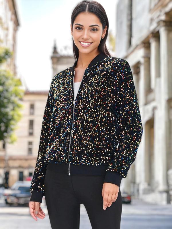 anna kaci Sequin Velvet Base Bomber Zip-Up Jacket