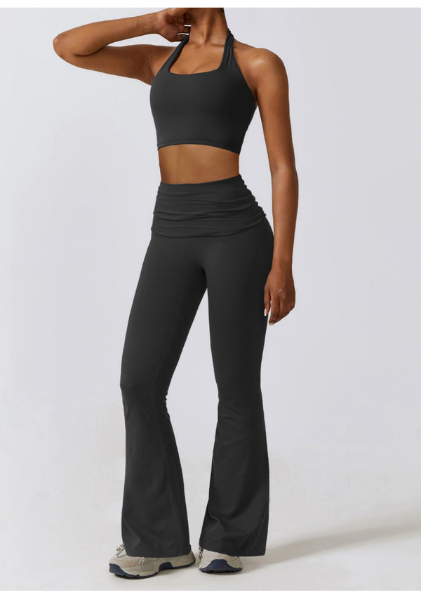 Anna Kaci Shirred High Waist Flared Leggings
