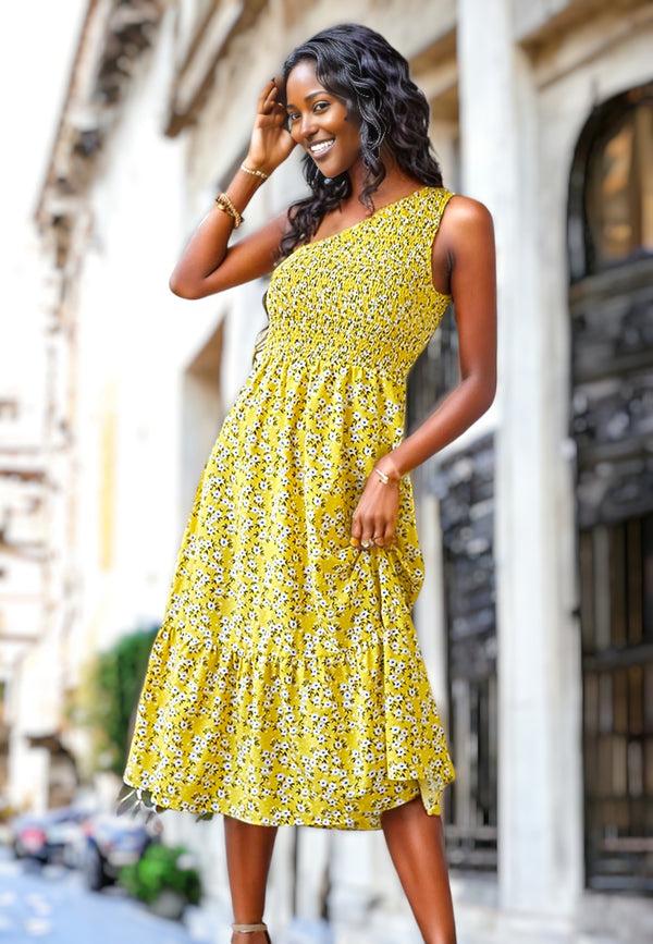 Anna Kaci Shirred One Shoulder Dress