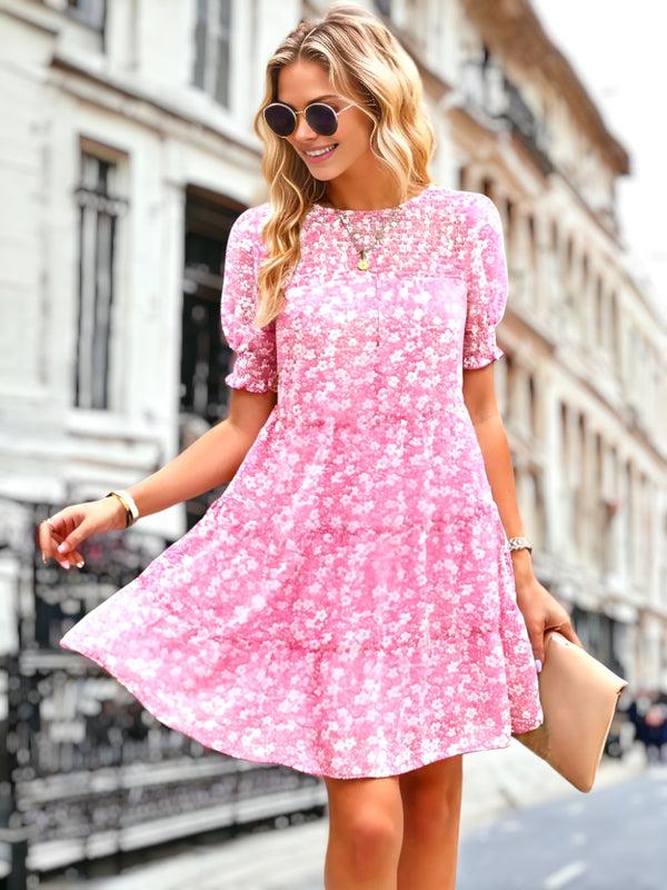 Anna Kaci Shirred Round Neck Floral Dress