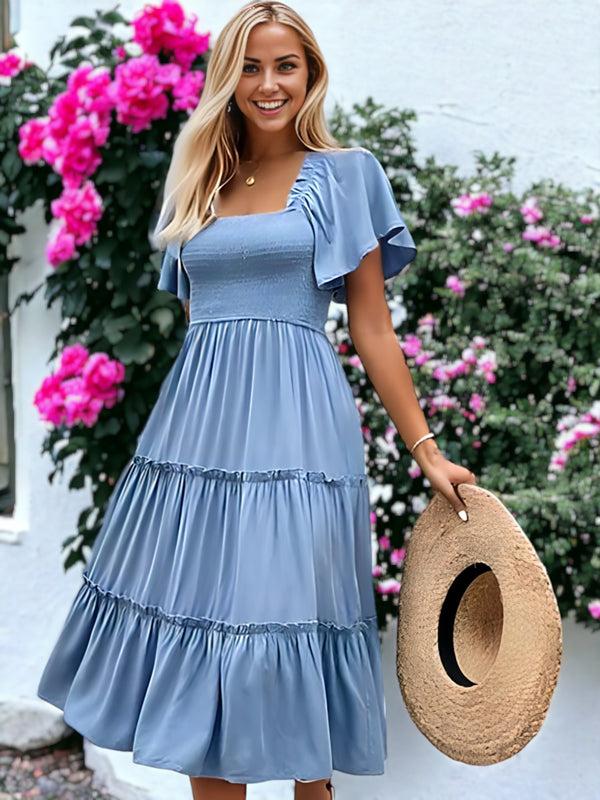 Anna Kaci Shirred Square Neck Flutter Sleeve Dress