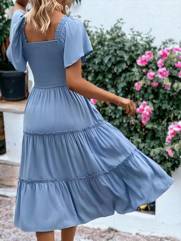 Anna Kaci Shirred Square Neck Flutter Sleeve Dress