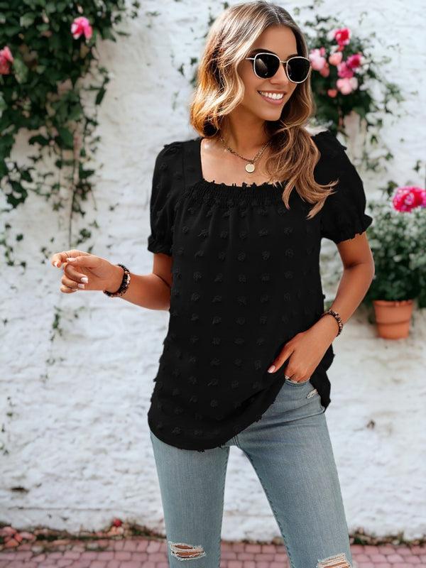 Anna Kaci Shirred Square Neck Puff Sleeve Blouse