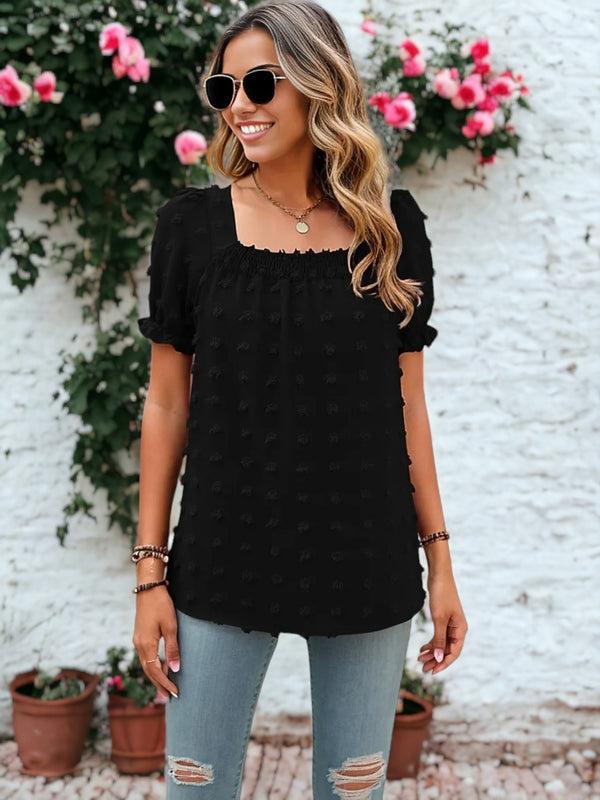 Anna Kaci Shirred Square Neck Puff Sleeve Blouse