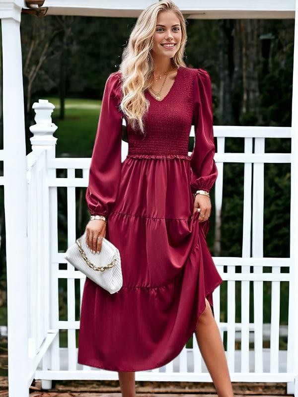 Anna Kaci Shirred V Neck Tiered Dress