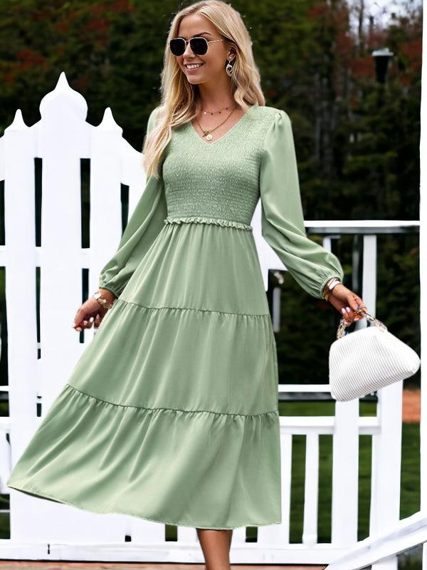 Anna Kaci Shirred V Neck Tiered Dress