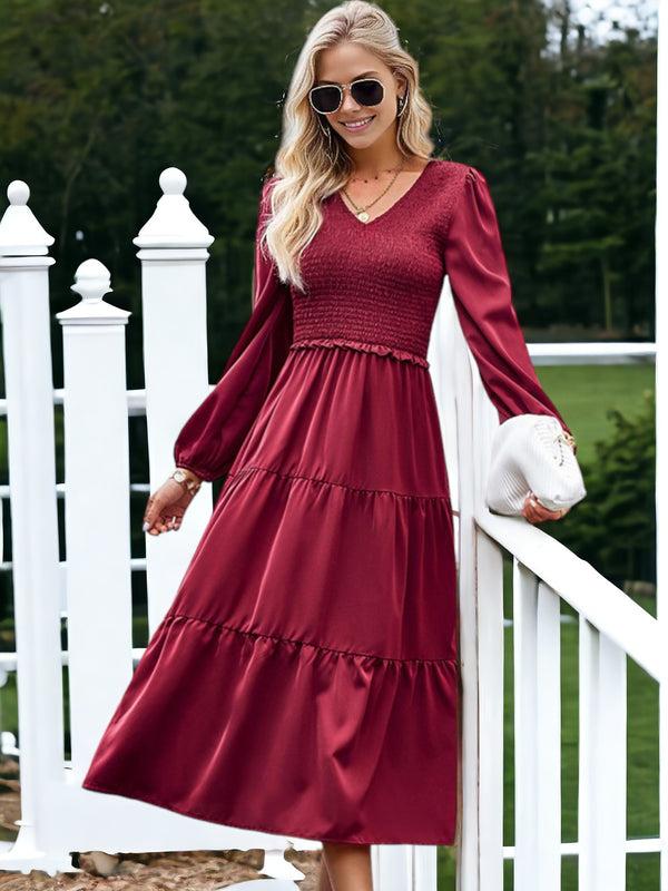 anna kaci Shirred V Neck Tiered Dress