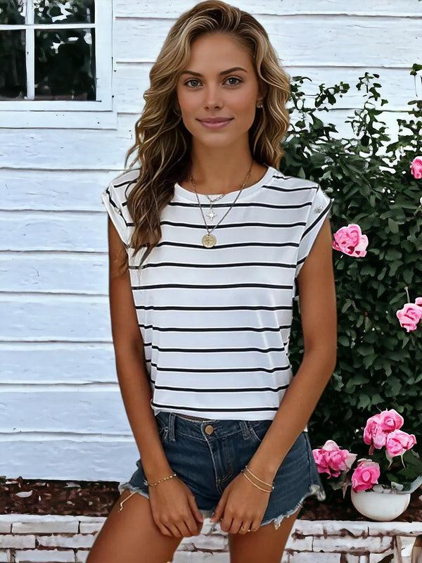 Anna Kaci Short Sleeved Striped Pattern T-Shirt