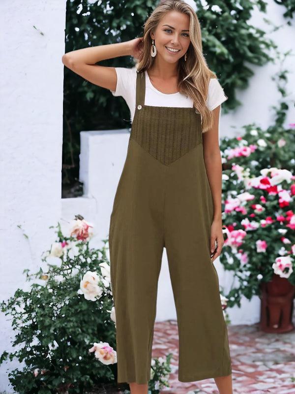 Anna Kaci Solid Color Eyelet Detail Overalls