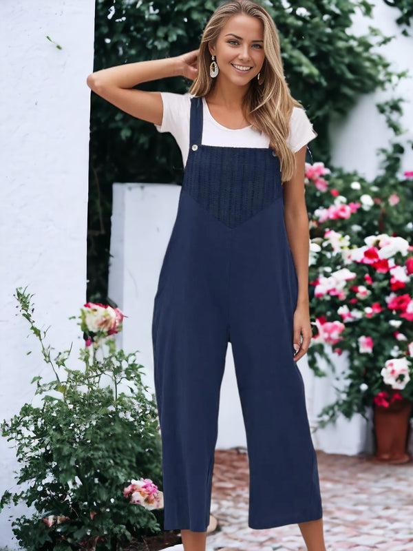 anna kaci Solid Color Eyelet Detail Overalls