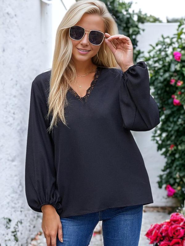 Anna Kaci Solid Color Lace Trim Blouse