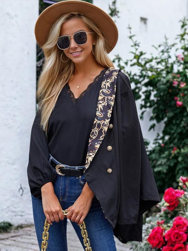 Anna Kaci Solid Color Lace Trim Blouse