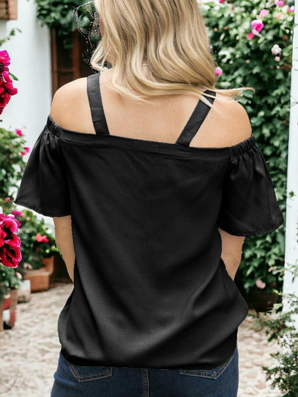 Anna Kaci Solid Cutout Cold Shoulder Top