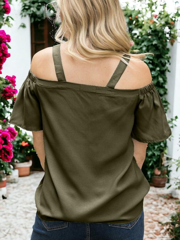 Anna Kaci Solid Cutout Cold Shoulder Top