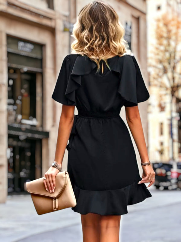 Anna Kaci Solid Ruffle Wrap Hem Dress