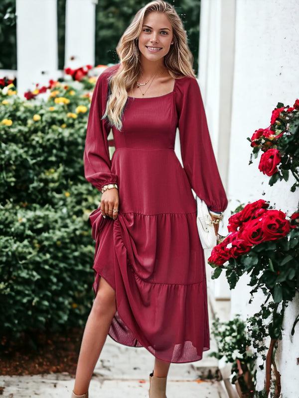 Anna Kaci Square Neck Bishop Sleeve Midi Dress