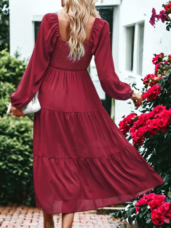 Anna Kaci Square Neck Bishop Sleeve Midi Dress