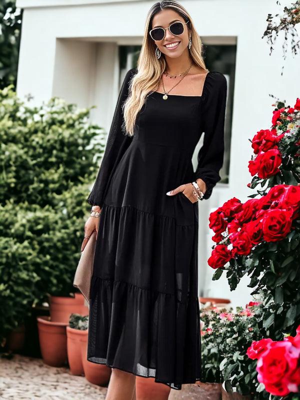 Anna Kaci Square Neck Bishop Sleeve Midi Dress