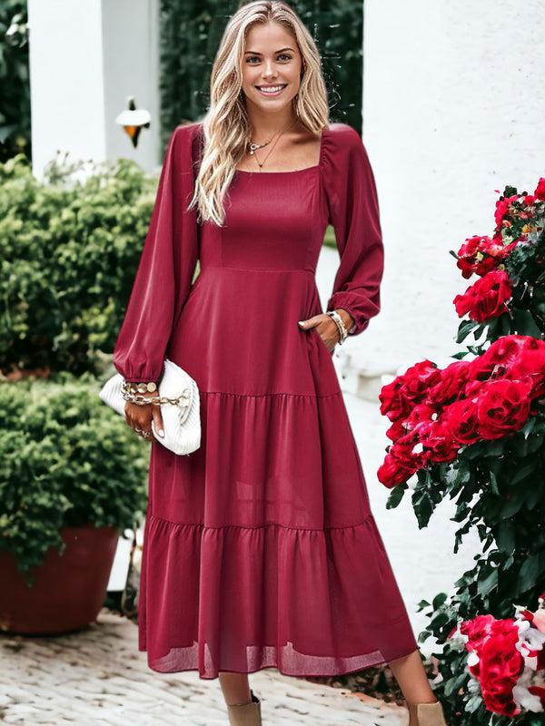 anna kaci Square Neck Bishop Sleeve Midi Dress