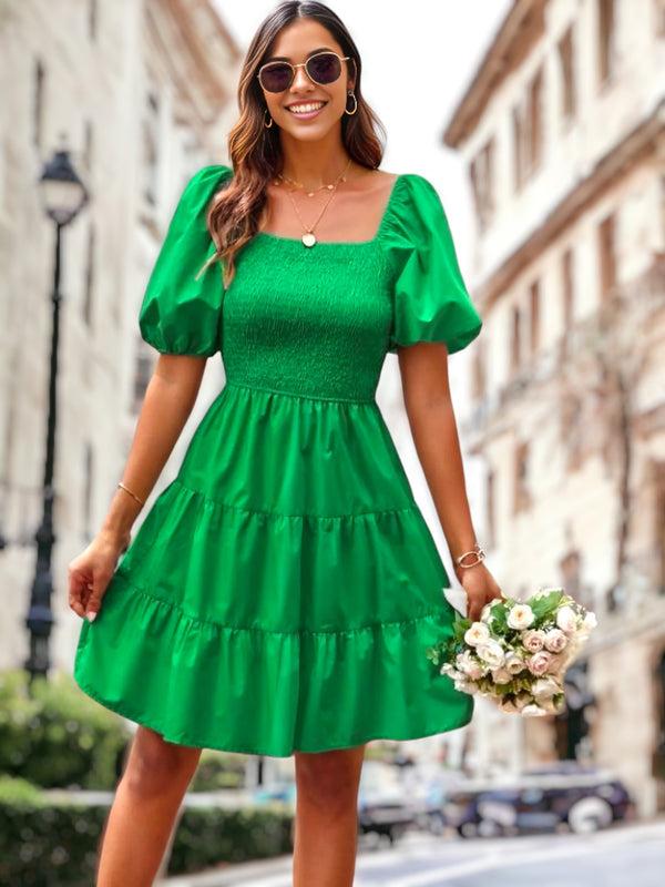 anna kaci Square Neck Shirred Puff Sleeve Dress