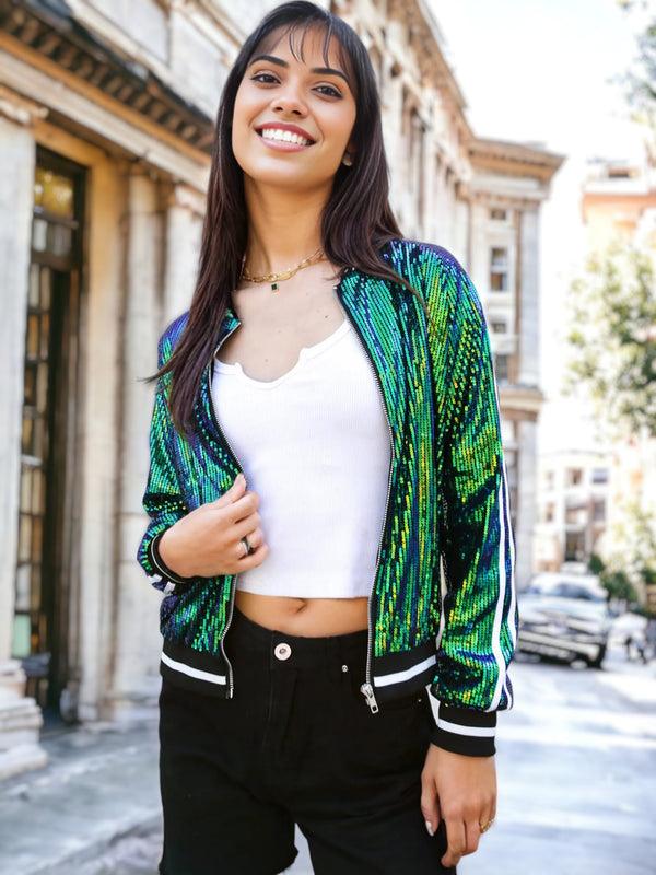 Anna Kaci Striped Metallic Sequin Varsity Jacket