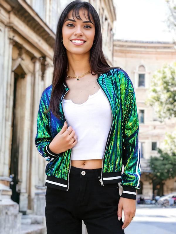 Anna Kaci Striped Metallic Sequin Varsity Jacket