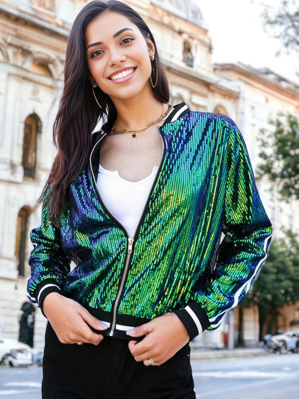 anna kaci Striped Metallic Sequin Varsity Jacket