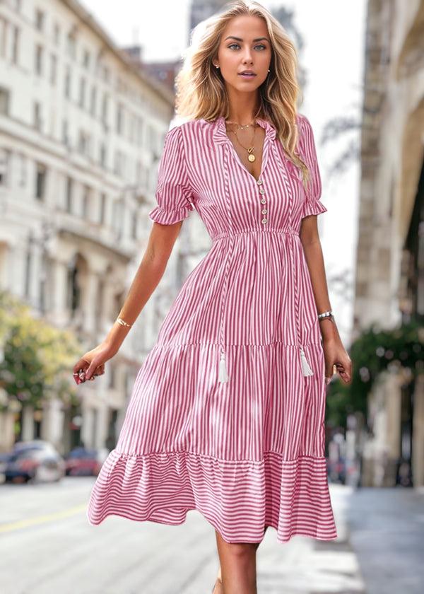 Anna Kaci Striped Puff Sleeve Dress