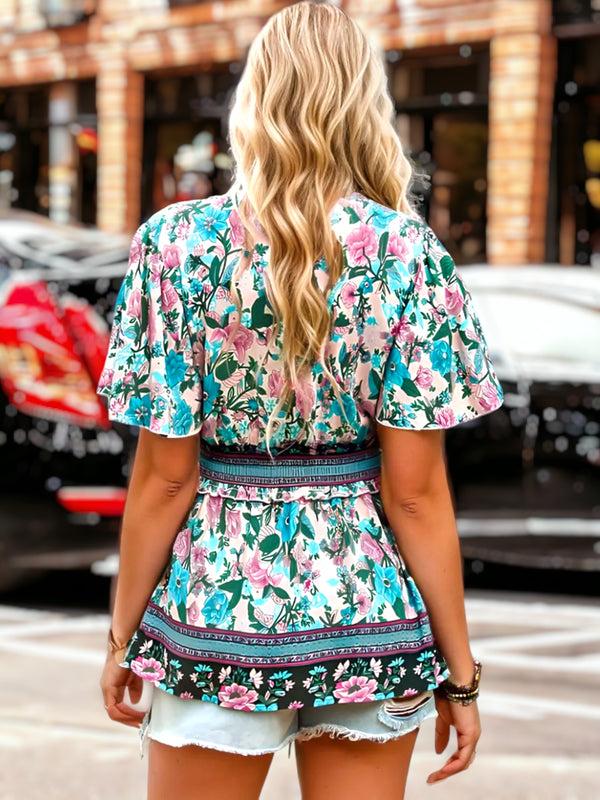 Anna Kaci Surplice Neck Bohemian Peplum Blouse