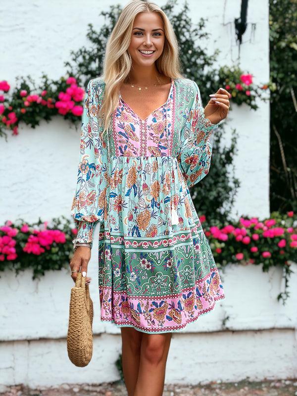 Anna Kaci Tassel Tie Neck Boho Print Dress