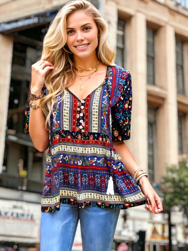 Anna Kaci Tassel Tie Neck Puff Sleeve Top