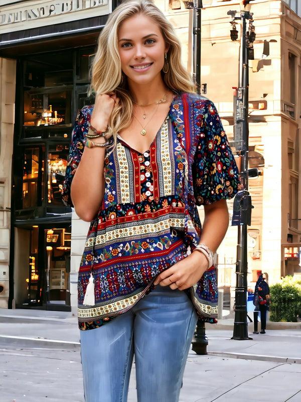 Anna Kaci Tassel Tie Neck Puff Sleeve Top