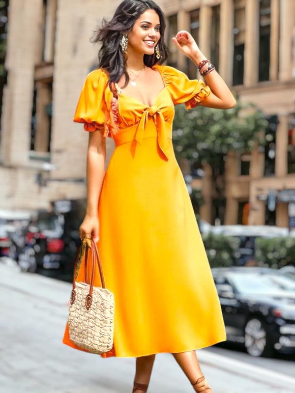 Anna Kaci Tie Front Puff Sleeve Midi Dress