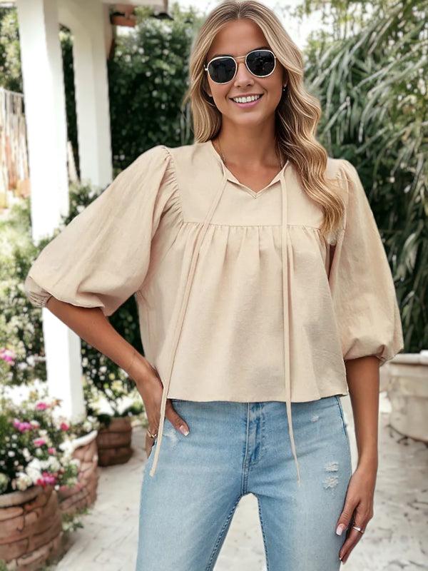 Anna Kaci Tie Neck Midi Puff Sleeve Blouse